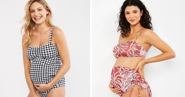 Motherhood Beach Bump two-piece tankini, and a Pea in the Pod maternity Palm bikini worn by models