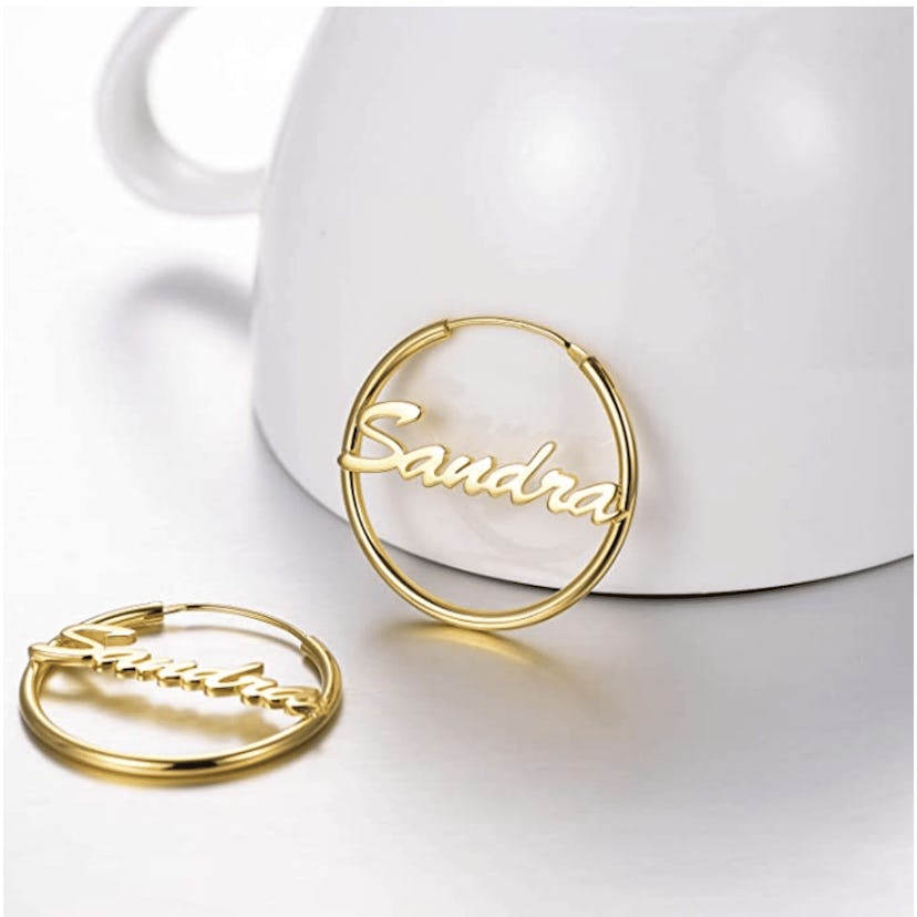 Lonago Name Plate Endless Hoop Earrings