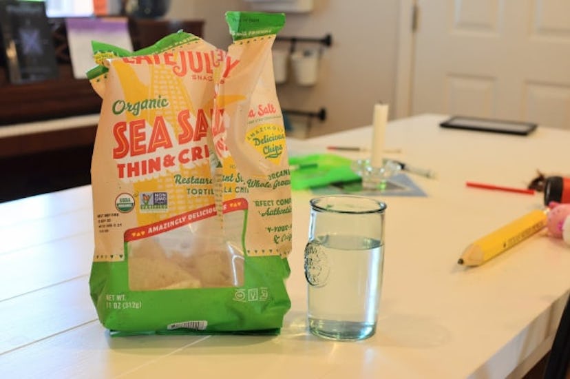 Organic sea salt chips on a white table