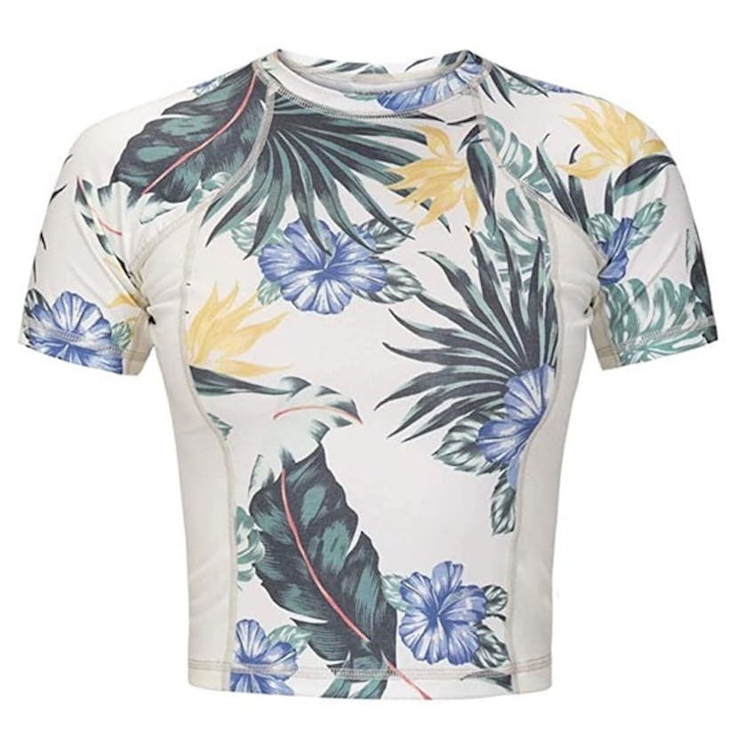 Hurley Women's Cropped Short Sleeve Floral Sun Shirt UPF +50 Rash Guard 