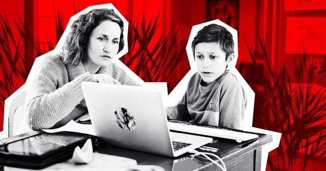 Mother homeschooling son at laptop