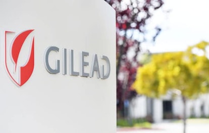 Gilead Sciences headquarters sign is seen in Foster City, California on April 30, 2020. - Gilead Sci...