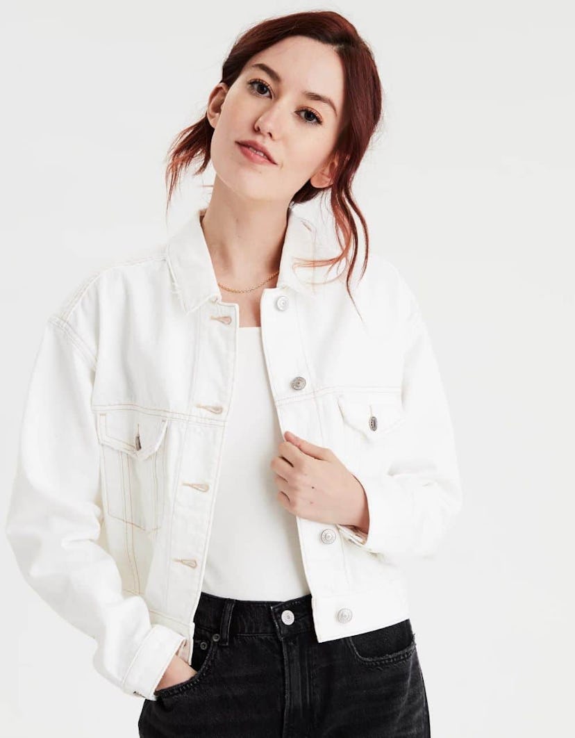 American Eagle Cropped White Denim Jacket