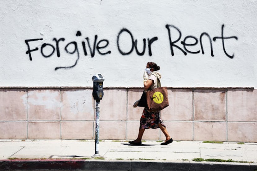 Graffiti supporting the rent strike appear on La Brea Ave. during the coronavirus pandemic on May 01...