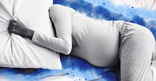 Pregant lady sleeping and covering head with pillow