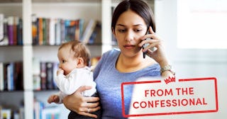 Worried mother using mobile phone an laptop at home