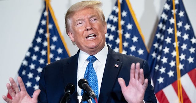 US President Donald Trump speaks during a press conference following the Senate Republicans policy l...