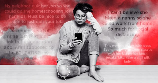 young woman with wireless earphones sitting on the floor looking at cell phone