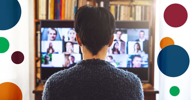 Woman in front of a device screen in video conference for work