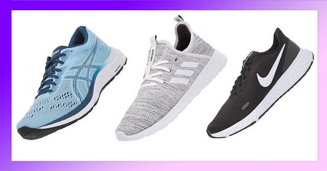 Blue Asics, grey Adidas, and black Nike running shoes on a white background