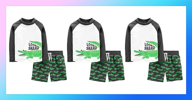 Green, black, and white Simple Joys by Carter's 2-piece swimsuit trunk and rash guard