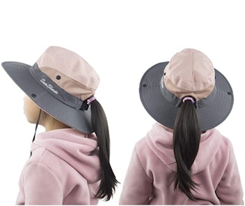 HGGE Kids Wide Brim Hat with Ponytail Hole