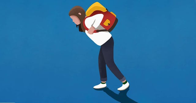 Girl bogged down by heavy backpack