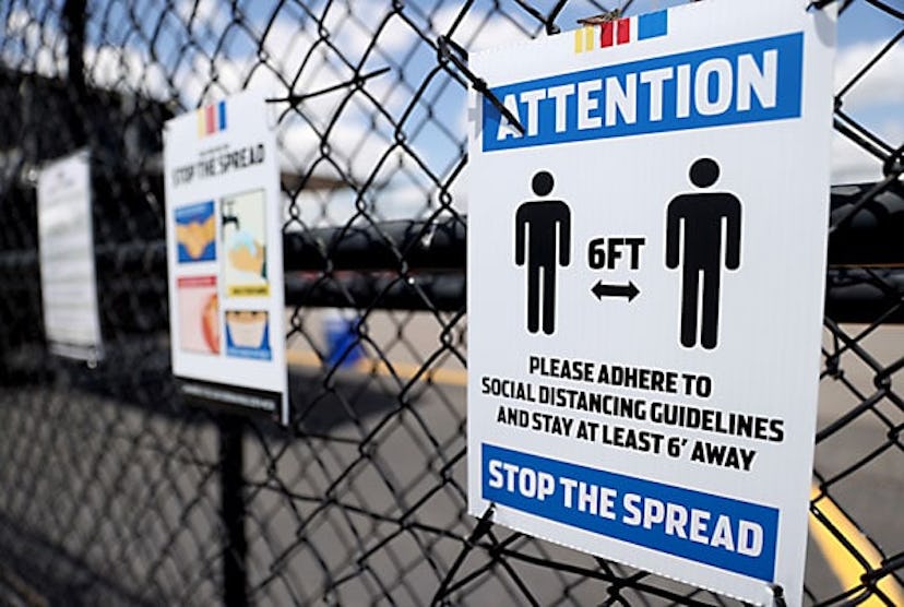 ocial distancing signage at the Darlington Raceway as it prepares to re-open tomorrow for the NASCAR...