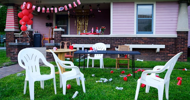 Empty cups, and cans litter a lawn after a college graduation party. Classes at IU were taught virtu...