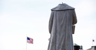A decapitated statue of Christopher Columbus is viewed at Christopher Columbus Park in Boston Massac...