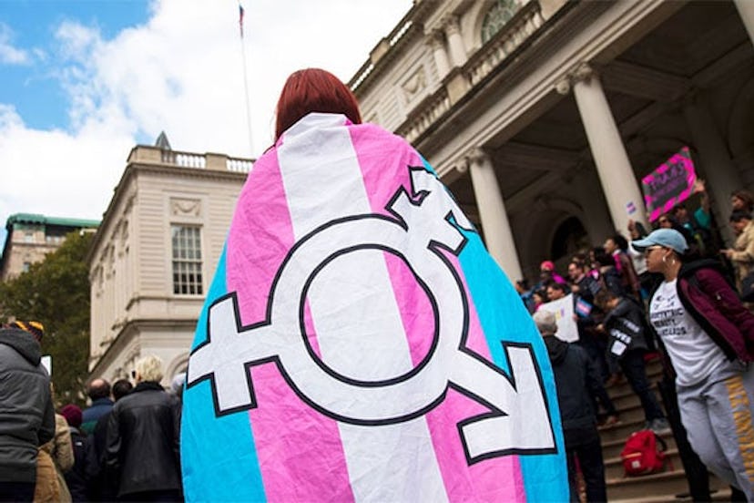 L.G.B.T. activists and their supporters rally in support of transgender people on the steps of New Y...