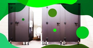 In an public building are woman's toilets with black doors