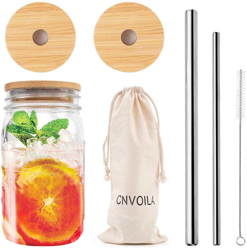 ECO Reusable Bamboo Smoothie Mason Jar Lids with Straws