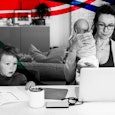 The Working Mom's Plight: A mom trying to work from home while holding her daughter and watching her...
