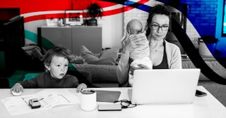 The Working Mom's Plight: A mom trying to work from home while holding her daughter and watching her...