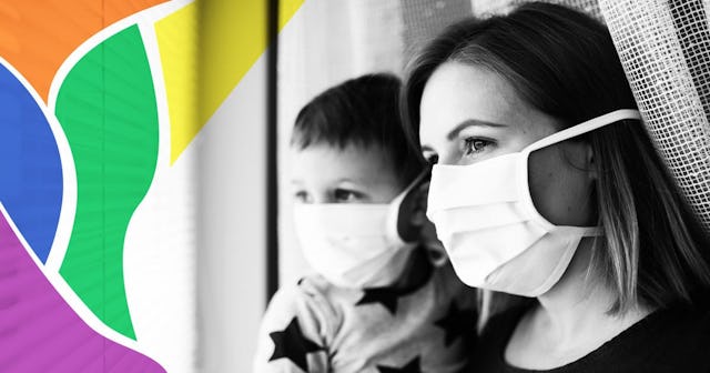 Mother and small son with face mask indoors at home