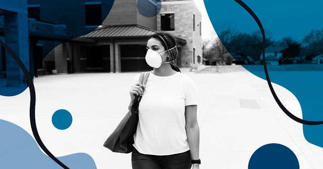 female teacher walks by empty school during epidemic