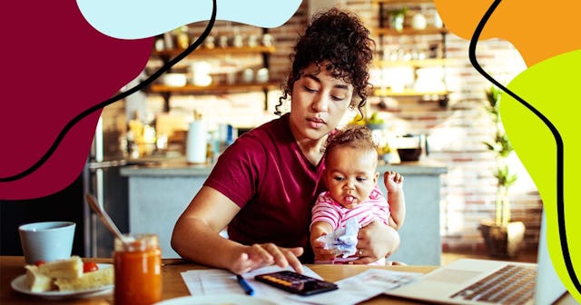 Close up of a mother using a phone with her daughter while having breakfast and doing bills
