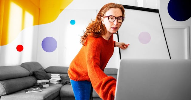 Teacher woman teaching remotely from home Maths class with white board