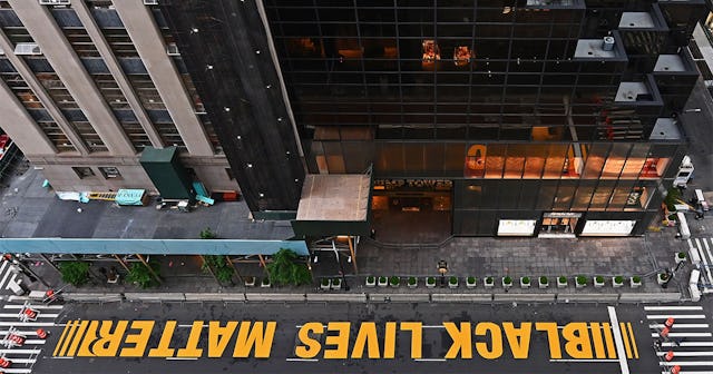 A newly painted Black Lives Matter mural adorns Fifth Avenue outside of Trump Tower on July 10, 2020...