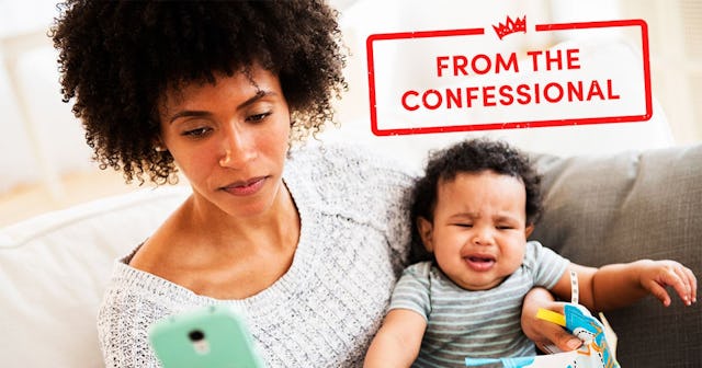 Some Moms Really Hate The Baby And Toddler Years: Mother holding crying baby son while texting on ce...