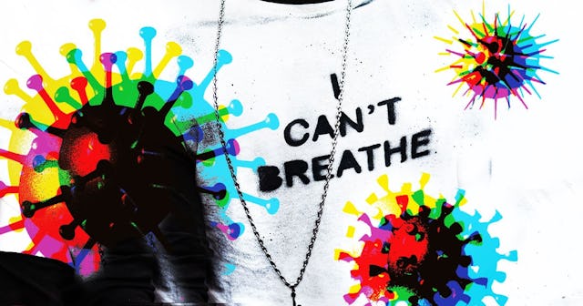 Virus Cell Background and A protestor wears a Tshirt reading "I can't breathe" during a rally as par...