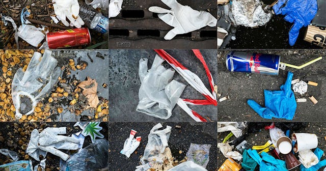 The Pandemic Has Produced A New Kind Of Litter Problem: This combination of pictures created on Marc...