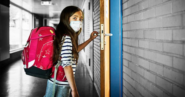 Back-To-School COVID Anxiety Is Already In Full Force For Parents: Girl wearing mask in school openi...