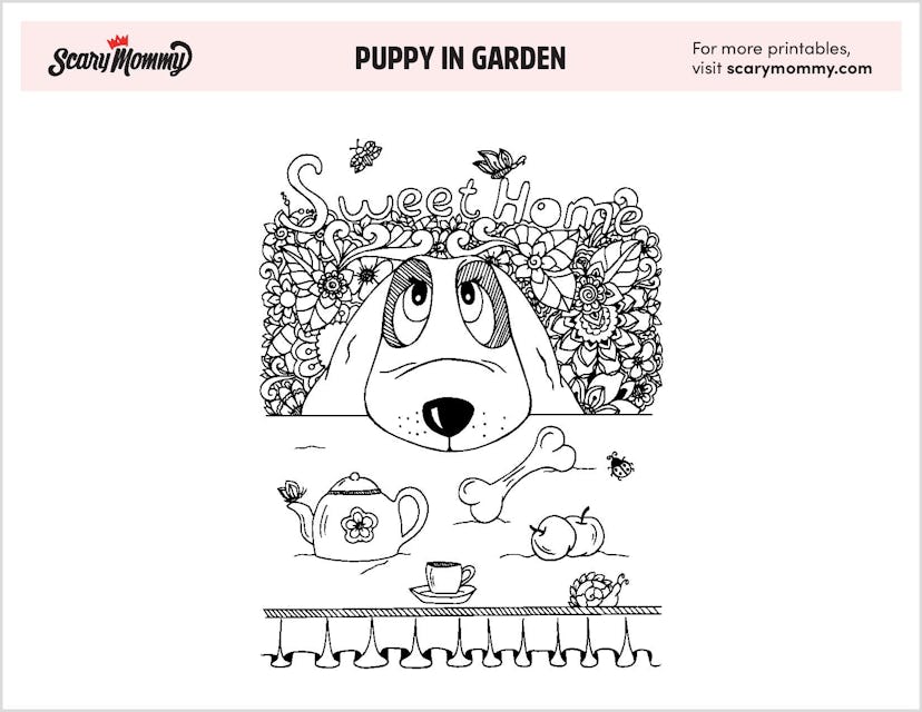 Puppy Coloring Pages: Puppy In Garden