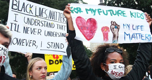 Protesters demonstrate in Hyde Park during a 'Black Lives Matter' rally on June 02, 2020 in Sydney, ...