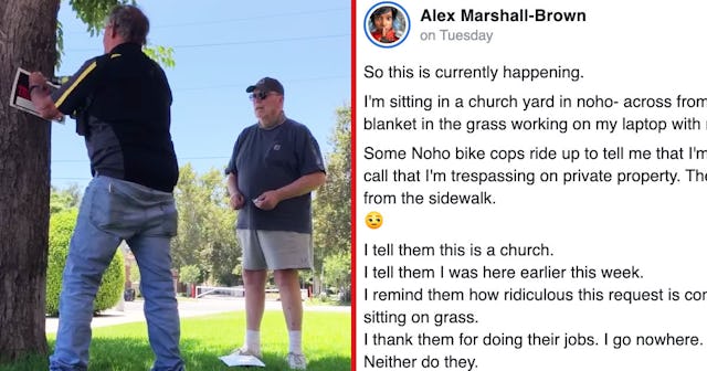 A Black Woman Was Sitting On A Church Lawn When Men Came Out And Posted "No Trespassing" Signs