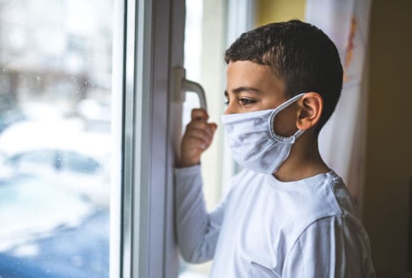 Boy wearing anti virus mask staying at home