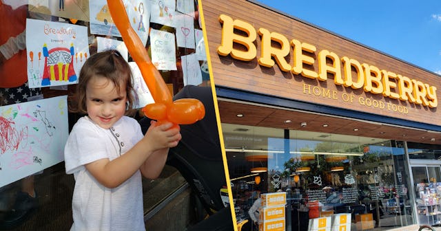 Little girl holding a sword made out of a balloon on the left, image of Breadberry store on the righ...