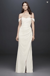 DB Studio Draped Off-The-Shoulder Crepe Sheath Wedding Gown