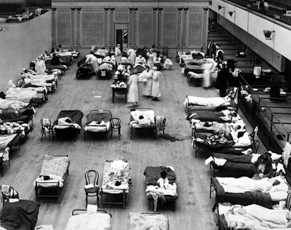 The Oakland Municipal Auditorium is being used as a temporary hospital with volunteer nurses from th...