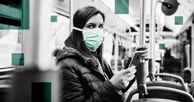 Young woman is driving in a bus and wearing a protection mask from virus and holding smart phone