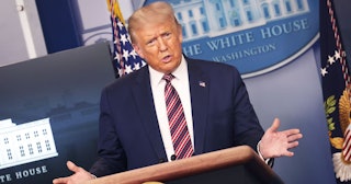 U.S. President Donald Trump speaks during a briefing at the White House August 12, 2020 in Washingto...