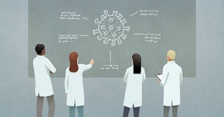 Scientists discussing COVID-19 coronavirus diagram