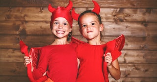 Twin Girls Wearing Devil Costumes: Twin Halloween Costumes