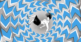 An illustration of a woman in black and white falling through a spiral with blue arrows