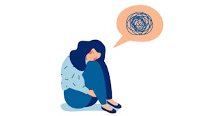 An illustration of a woman sitting and desperately thinking about her pregnancy losses 