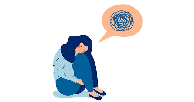 An illustration of a woman sitting and desperately thinking about her pregnancy losses