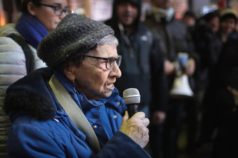 Bea Lumpkin inspires demonstrators protesting against President Donald Trump outside the Kluczynski ...