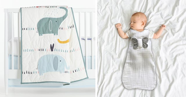 A two-part collage of Crate & Kids Elephant Crib Quilt and a baby wrapped in a Snuggy Buddy baby bla...